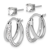 Sterling Silver Platinum Flash-plated Polished White Crystal Post and Hoop Earring Set